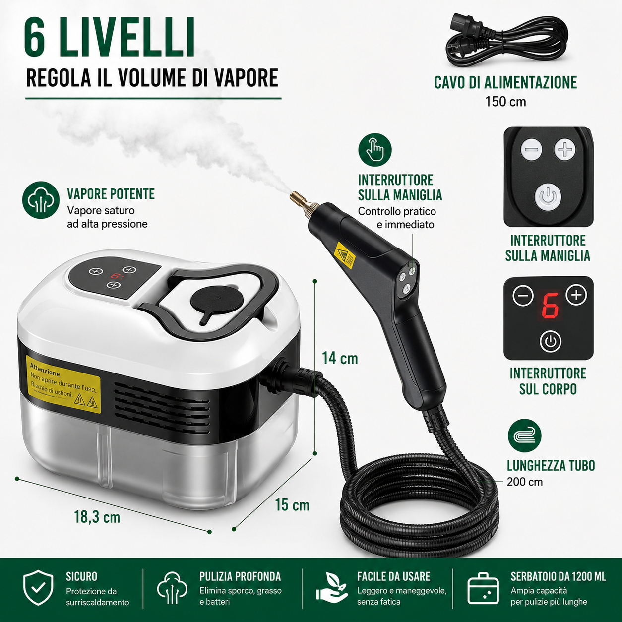 Pulitore a Vapore ad Alta Pressione 2500W